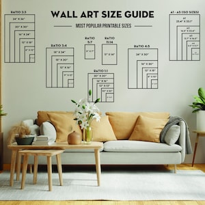 May include: A wall art size guide with different ratios and measurements in inches. The guide includes ratios like 2:3, 3:4, 5:7, 11:14, 4:5, and 1:1. The guide also includes standard ISO sizes like A1, A2, A3, and A4.