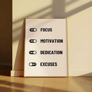 May include: A white poster with black text and illustrations of toggle switches. The text reads "Focus", "Motivation", "Dedication", and "Excuses". The switches are set to "on" for the first three words and "off" for the last word.