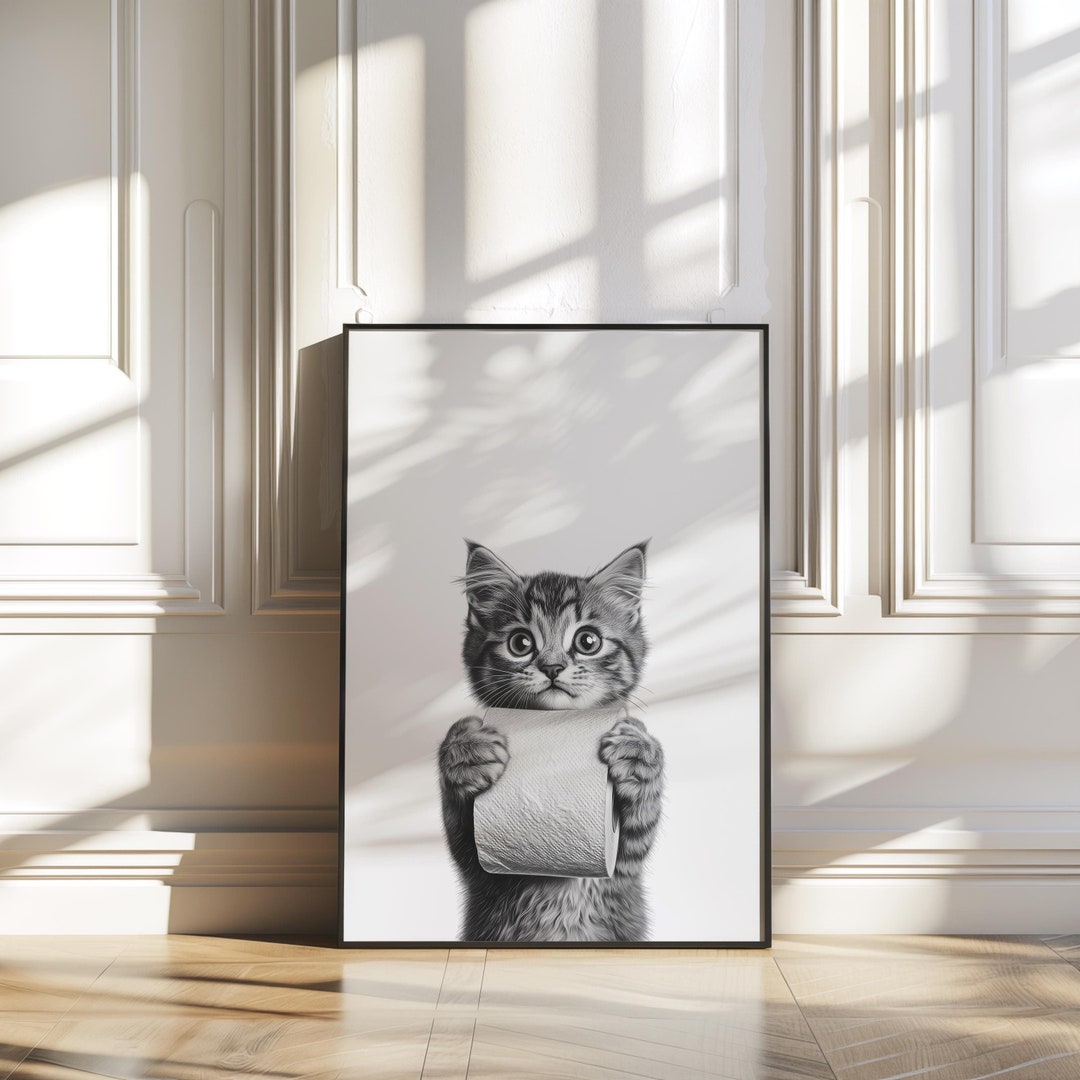 Cute Cat Bathroom Wall Art, Funny Cat Poster, Cat Bath Print, Toilet ...