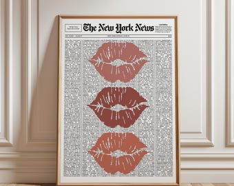 Retro Newspaper Print New York Red Lipstick Kisses Newsletter Wall