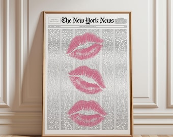 Rosa Lippenstift Kuss Zeitung druckbare Wandkunst, Y2K Retro-Mode Plakat, niedliches feminines ästhetisches Wanddekor, digitaler Download