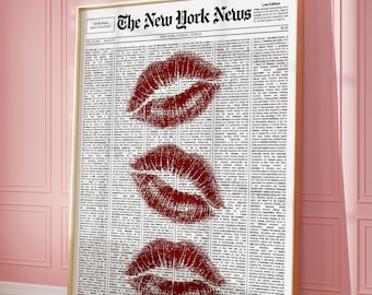 Red Lipstick Kiss Newspaper Printable Wall Art, Y2K Retro Fashion Poster, Chic Feminine Glam Aesthetic Wall Decor, Digital Download