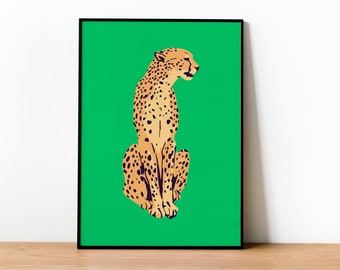 Grön gepardposter, gepardtryck, gepardkonst, leopardmönster, djurväggkonst, leopardväggkonst, bohemisk heminredning, bohemisk poster, konstverk