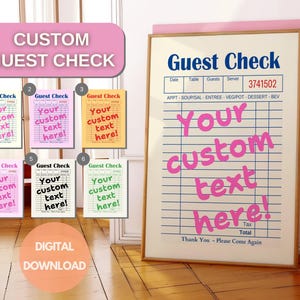 May include: A digital download of a printable guest check template. The template has a pink and white color scheme with a lined background. The text "Your custom text here!" is written in large pink letters on the template.