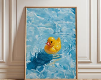 Cute Rubber Duck Bathroom Wall Art Decor, Swimming Duck Art, Duck Bath Print, Rubber Pool Oil Painting, Rubber Poster, Digital Download