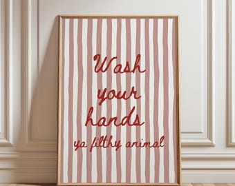 Wash Your Hands Ya Filthy Animal Print, Striped Christmas Wall Art, Funny Toilet Poster for Christmas Bathroom Decor, Christmas Bathroom Art