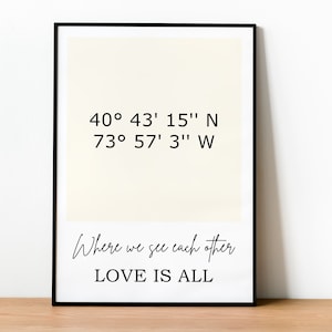 Puede incluir: Una impresión enmarcada en negro con fondo blanco y texto negro. El texto dice "40° 43' 15" N 73° 57' 3" W Donde nos vemos LOVE IS ALL".