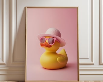 かわいいゴム製アヒルのバスルームの壁アート装飾、ピンクのアヒルのアート、アヒルのお風呂のプリント、面白いピンクのゴム製バスルームアート、ゴム製ポスター、デジタルダウンロード
