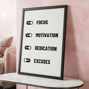 May include: Black and white motivational poster with the words "Focus", "Motivation", "Dedication", and "Excuses" with an on/off switch graphic next to each word. The switch is on for the first three words and off for the last word.