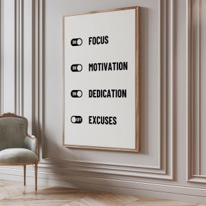 May include: A white poster with black text and illustrations of on/off switches. The text reads "ON FOCUS", "ON MOTIVATION", "ON DEDICATION", and "OFF EXCUSES".