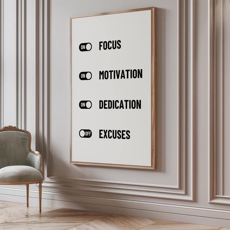May include: A white poster with black text and illustrations of on/off switches. The text reads "ON FOCUS", "ON MOTIVATION", "ON DEDICATION", and "OFF EXCUSES".