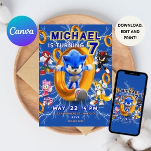 Faire-part d'anniversaire Sonic modifiable, modèle d'invitation d'anniversaire, Sonic fait part, inviter à une fête d'anniversaire garçon, modèle d'invitation d'anniversaire