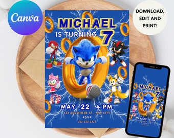 Editable Sonic Birthday Invitation, Birthday Invitation Template, Sonic Invites, Boy Birthday Party Invite, Birthday Invitation Template