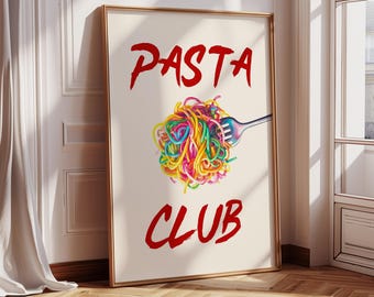 Pasta Lover Club Poster, druckbare Küchenwandkunst, modernes Esszimmer, Pasta-Liebhaber-Geschenk, Retro italienisches Essen, digitaler Download