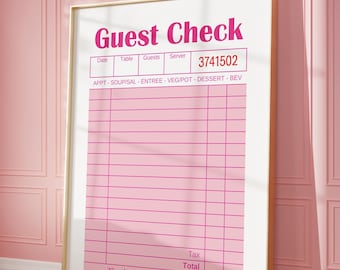 Rosa Gast Check Kunstdruck, trendige Wandkunst, Gast Check Druck, Quittungskunst, Gast Check Wandkunst, Retro Cafe Wandkunst, digitaler Download