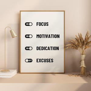 May include: A white poster with black text and graphics. The poster has four lines of text: "ON FOCUS", "ON MOTIVATION", "ON DEDICATION", and "OFF EXCUSES". Each line has a black toggle switch graphic next to it.