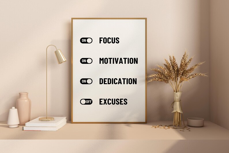 May include: A white poster with black text and graphics. The poster has four lines of text: "ON FOCUS", "ON MOTIVATION", "ON DEDICATION", and "OFF EXCUSES". Each line has a black toggle switch graphic next to it.