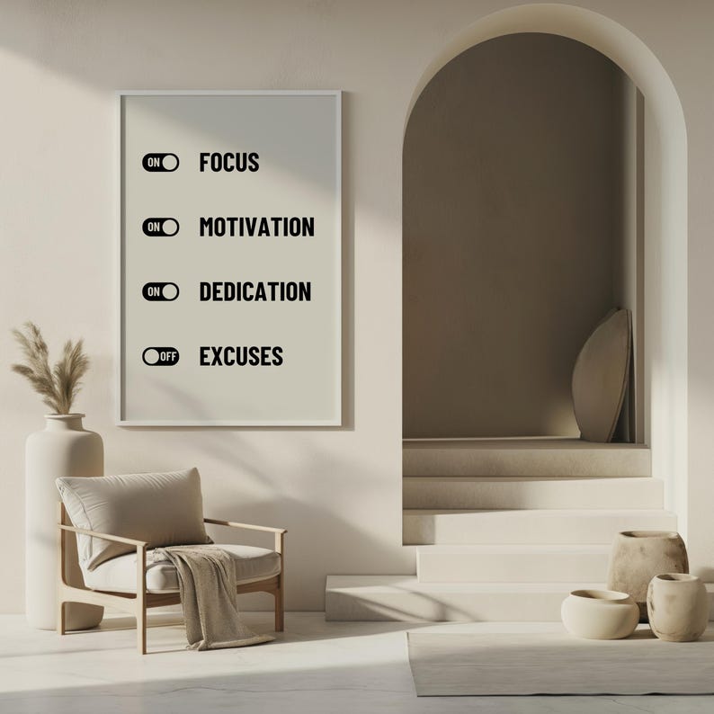 May include: A white framed print with black text that reads "ON FOCUS", "ON MOTIVATION", "ON DEDICATION", and "OFF EXCUSES". The print is hanging on a white wall in a modern interior with a chair, a plant, and a set of stairs.