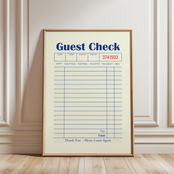 Blank Guest Check Print, Trendy Wall Art, Restaurant Receipt, Minimalist Kitchen Decor, Cafe Poster, Housewarming Gift, Digital Download