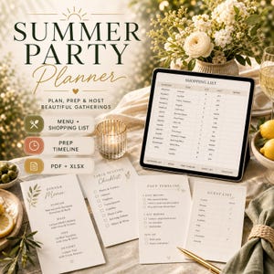 Peut inclure: Un ensemble de planificateur de fête estival numérique comprenant une tablette affichant une liste de courses, ainsi que des cartes imprimées pour le menu, la liste de contrôle, le calendrier de préparation et la liste des invités.