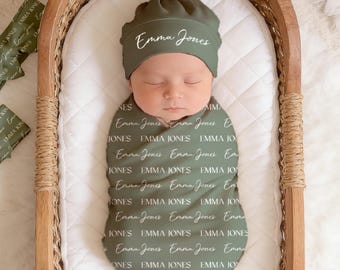 Newborn Blanket & Hat, Personalized Baby Swaddle Blankets, Custom Nursery Supplies, Baby Solid-color Customized Name Swaddle Blanket