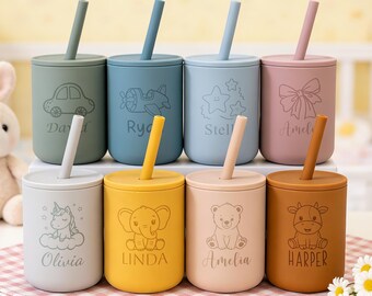 Vaso de silicona personalizado de 7 oz con pajita, vaso de silicona para bebé con nombre grabado, vaso a prueba de fugas para niños pequeños, regalo de primer cumpleaños, regalo de baby shower