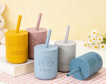 Vaso de silicona grabado con nombre para bebé, vaso de silicona para niños pequeños de 7 oz, vaso de entrenamiento personalizado a prueba de fugas, regalo para recién nacidos, baby shower y Pascua.
