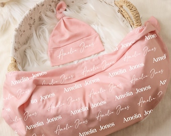 Neugeborenen Decke & Hut, personalisierte Baby Swaddle Decken, Benutzerdefinierte Kinderzimmer Zubehör, Baby einfarbige individuelle Name Swaddle Decke