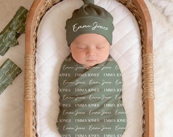 Newborn Blanket & Hat, Personalized Baby Swaddle Blankets, Custom Nursery Supplies, Baby Solid-color Customized Name Swaddle Blanket
