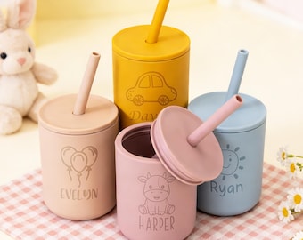 Vaso de silicona para bebé con nombre grabado personalizado, vaso infantil con pajita, vaso de entrenamiento para bebés, regalo para baby shower, vaso para bebés