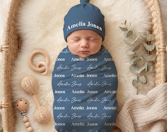 Baby Swaddle Decke, Neugeborenen Stirnband Hut & Schleife Set, Baby Name Schild Decke, Babyshower Individuelles Namensgeschenk, Personalisierte Swaddle Sets