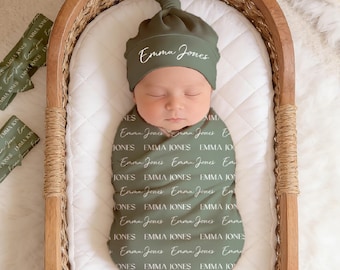 Newborn Blanket & Hat, Personalized Baby Swaddle Blankets, Custom Nursery Supplies, Baby Solid-color Customized Name Swaddle Blanket