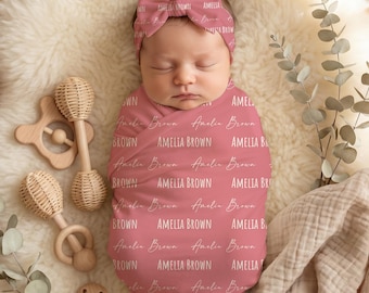 Baby Swaddle Blanket, Newborn Headband Hat & Bow Set, Baby Name Sign Blanket, Babyshower Customized Name Gift, Personalized Swaddle Sets