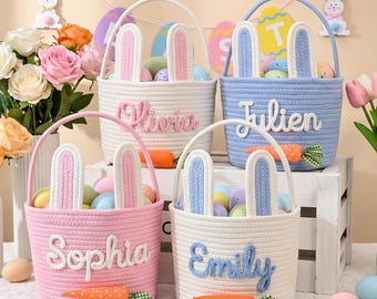 Ręcznie robiony na szydełku wielkanocny koszyczek z imieniem, spersonalizowany koszyczek prezentowy z króliczkiem, spersonalizowane wielkanocne wiaderko dla malucha, pierwszy prezent dla dziecka, koszyczek z króliczkiem