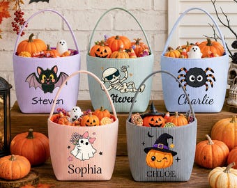 Bolsa de dulces de Halloween personalizada para niños, cesta de Halloween con nombre personalizado, cesta de fantasmas y calabazas, cubo de truco o trato, regalos para niños pequeños