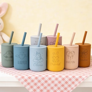 Vaso de silicona para bebé con nombre grabado personalizado, vaso infantil con pajita, vaso de entrenamiento para bebés, regalo para baby shower, vaso para bebés imagen 1
