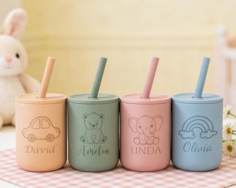 Vaso de silicona personalizado de 7 oz con pajita, vaso de silicona para bebé con nombre grabado, vaso a prueba de fugas para niños pequeños, regalo de primer cumpleaños, regalo de baby shower
