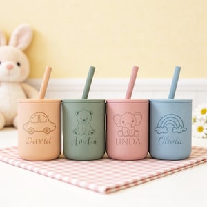 Vaso de silicona para bebé con nombre grabado personalizado, vaso infantil con pajita, vaso de entrenamiento para bebés, regalo para baby shower, vaso para bebés imagen 3