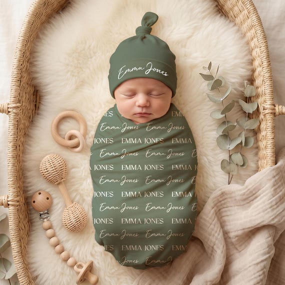 Newborn Blanket & Hat, Personalized Baby Swaddle Blankets, Custom Nursery Supplies, Baby Solid-color Customized Name Swaddle Blanket
