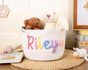Cesta de algodón tejida personalizada, cesta para bebé con monograma y nombre, cesta de regalo para mamá primeriza, cesta de almacenamiento para guardería, regalo de Pascua para niños.