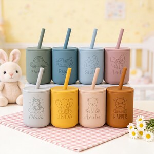 Vaso de silicona para bebé con nombre grabado personalizado, vaso infantil con pajita, vaso de entrenamiento para bebés, regalo para baby shower, vaso para bebés imagen 11