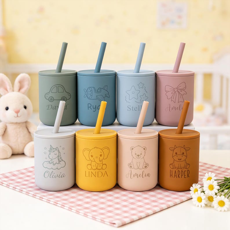 Vaso de silicona para bebé con nombre grabado personalizado, vaso infantil con pajita, vaso de entrenamiento para bebés, regalo para baby shower, vaso para bebés imagen 11