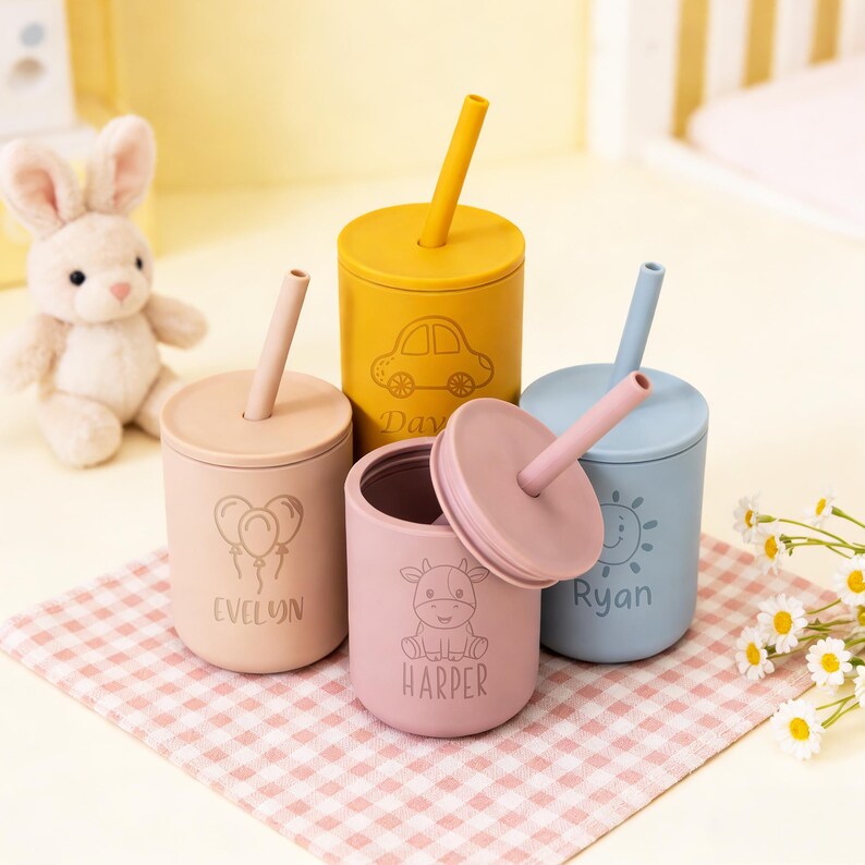 Vaso de silicona para bebé con nombre grabado personalizado, vaso infantil con pajita, vaso de entrenamiento para bebés, regalo para baby shower, vaso para bebés imagen 12