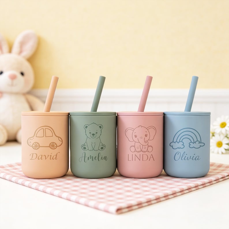 Vaso de silicona para bebé con nombre grabado personalizado, vaso infantil con pajita, vaso de entrenamiento para bebés, regalo para baby shower, vaso para bebés imagen 3