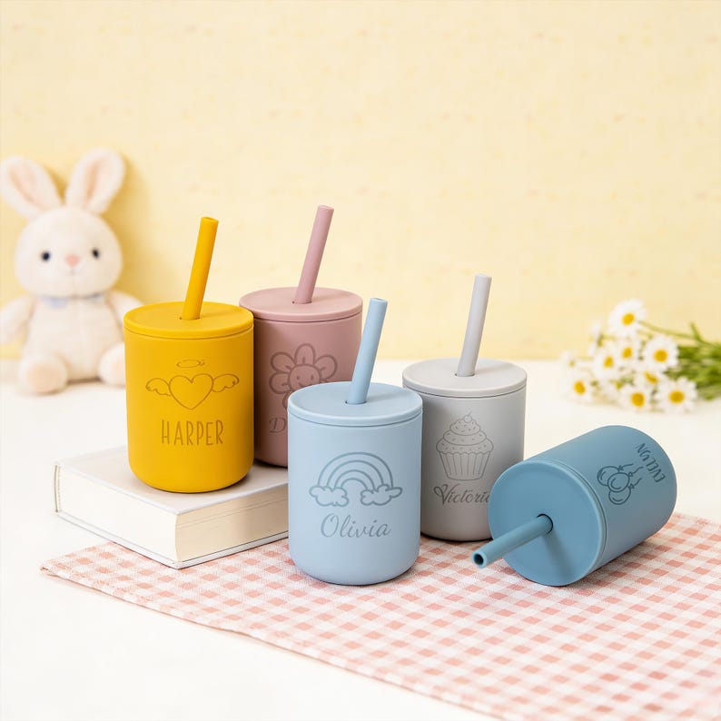 Vaso de silicona para bebé con nombre grabado personalizado, vaso infantil con pajita, vaso de entrenamiento para bebés, regalo para baby shower, vaso para bebés imagen 13