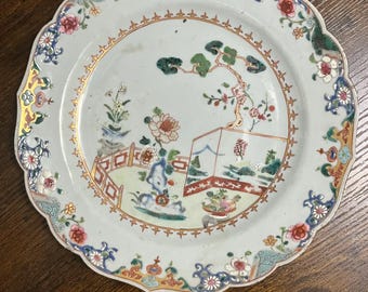 Antique Chinese Export Porcelain Plate | Famille Rose Mandarin Style Scenic Landscape Dish | Qing Revival Decorative Cabinet Plate