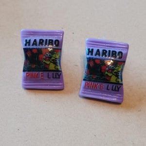 Haribo, purple, stud earrings.
