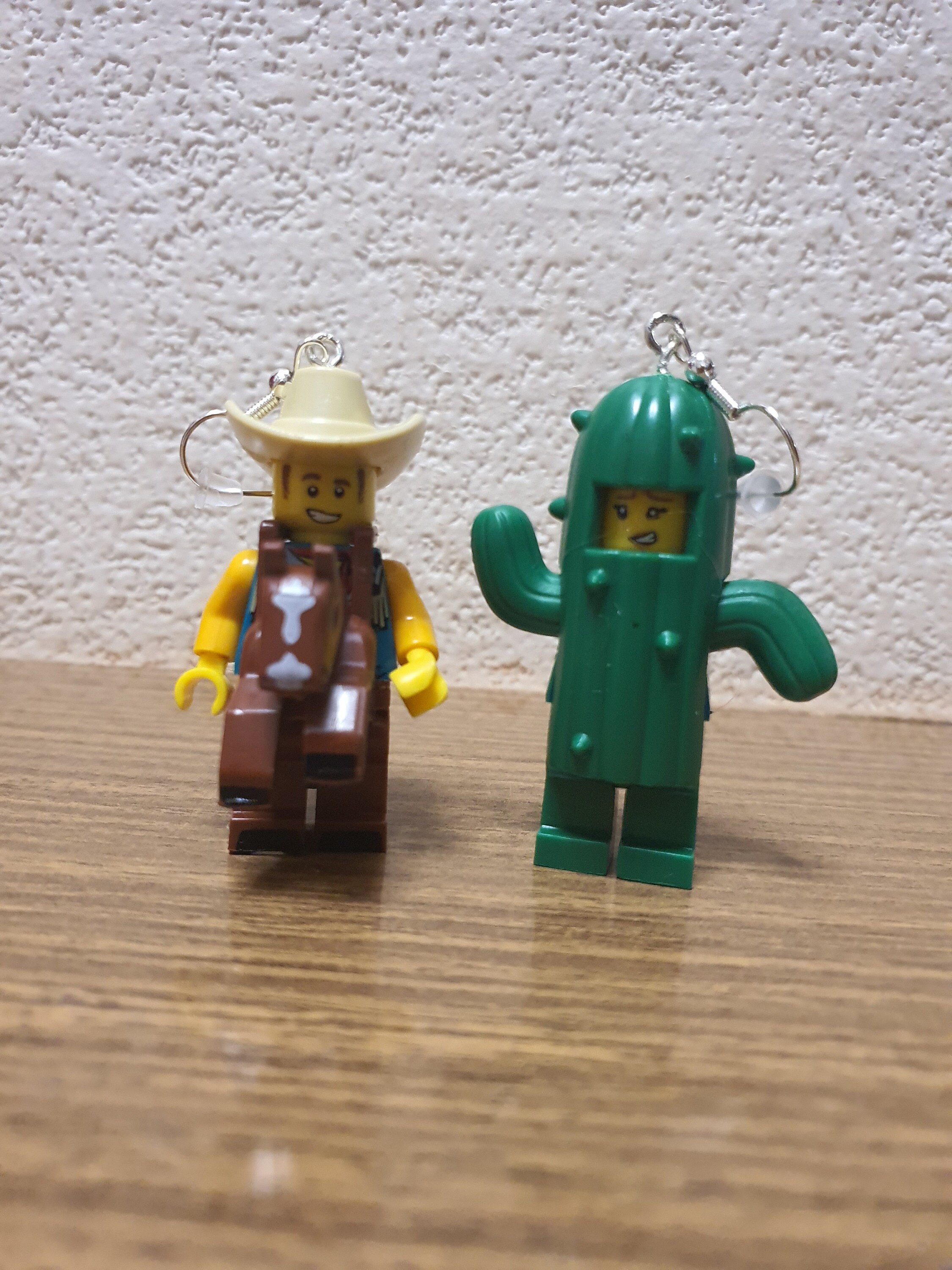Wild West Cactus and Cowboy minifigure earrings.