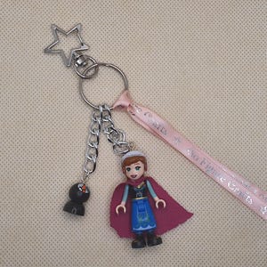 Puede incluir: Un llavero plateado con un cierre en forma de estrella, una cadena y una peque&ntilde;a figura negra. Incluye una figura en miniatura de Anna de la pel&iacute;cula Frozen, con un vestido azul y una capa rosa. Se adjunta una cinta rosa con texto.