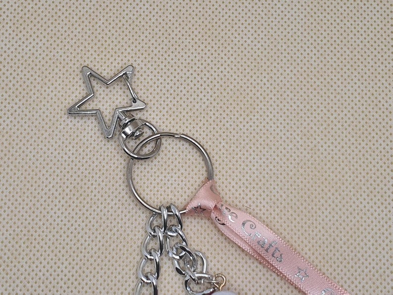 Puede incluir: Llavero plateado con un cierre en forma de estrella, una cadena y una cinta rosa. La cinta tiene texto impreso. El llavero est&aacute; dise&ntilde;ado para guardar llaves u otros objetos peque&ntilde;os. El fondo es de color beige claro.
